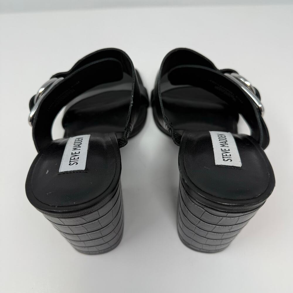 Steve Madden Sandals Women's 8.5 Leda Black Croc Embossed Leather Block Heel - Picture 8 of 15